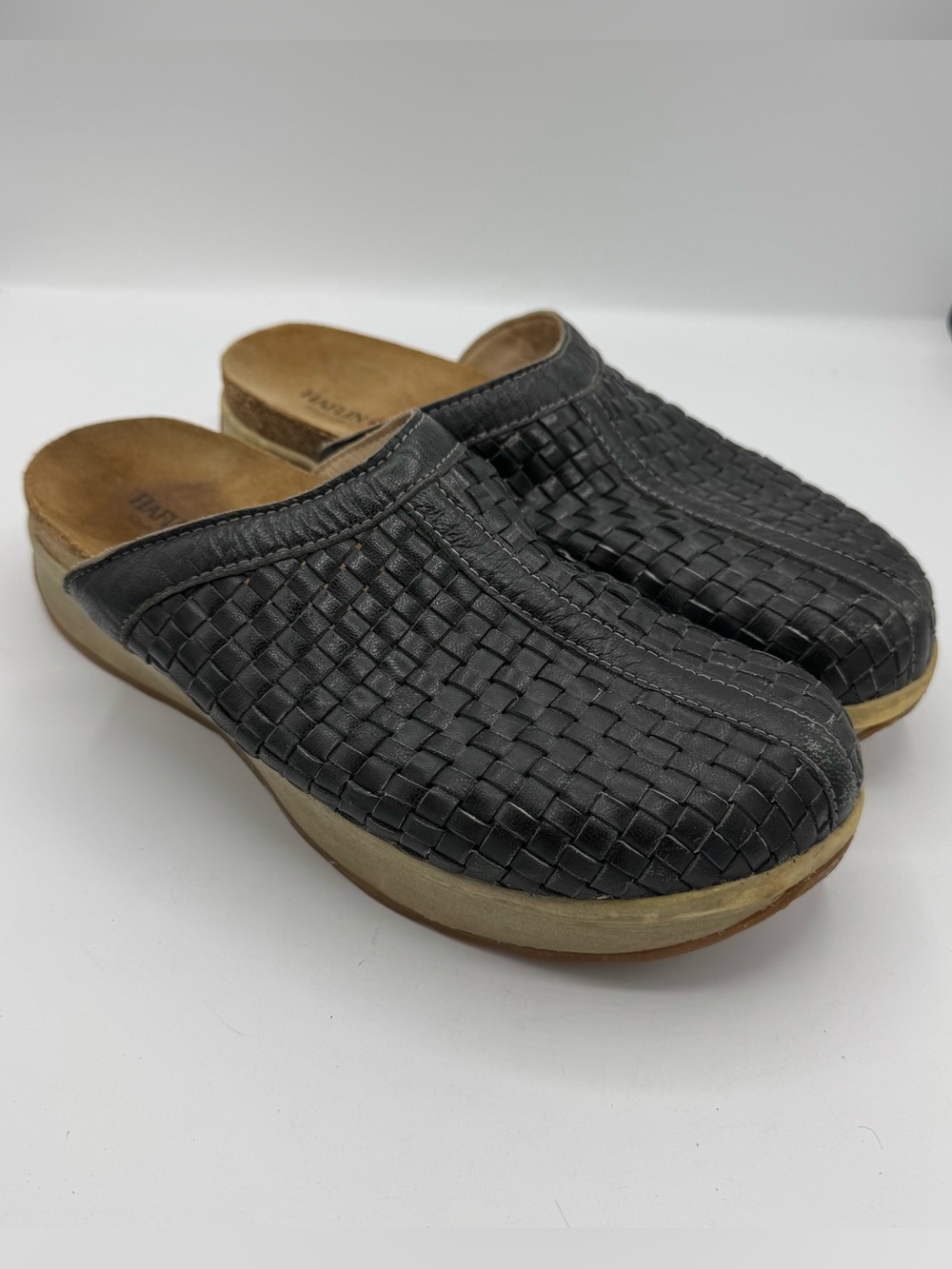 Haflinger black leather woven mule clog size 40 comfort bohemian neutral minimal